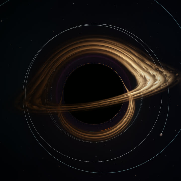 A ray-traced black hole with a glowing accretion disk lifted over its shadow, circled by the loops of a missile trail