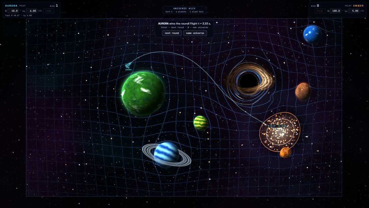 A missile trail curving past a black hole across a warped spacetime grid and into the other ship, which explodes