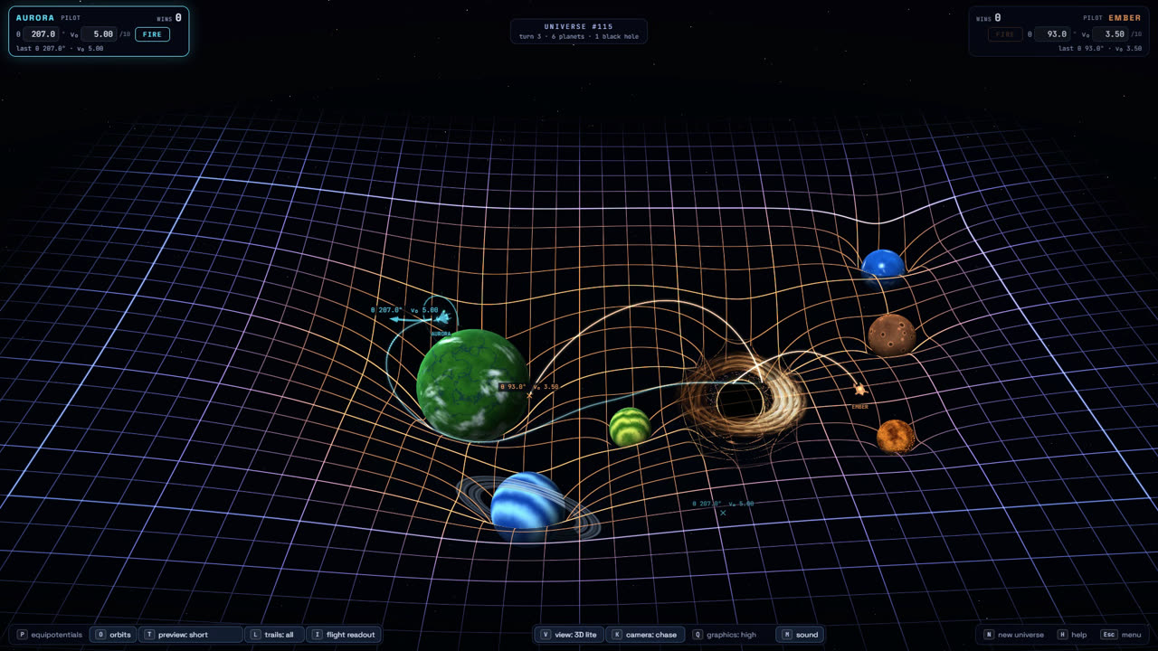 Planets and a black hole sitting in wells on a tilted, glowing spacetime grid, with missile trails curving between them